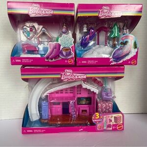 Mattel Barbie Mini BarbieLand Ski Chalet Ice Skating Rink Snowmobile Playset New